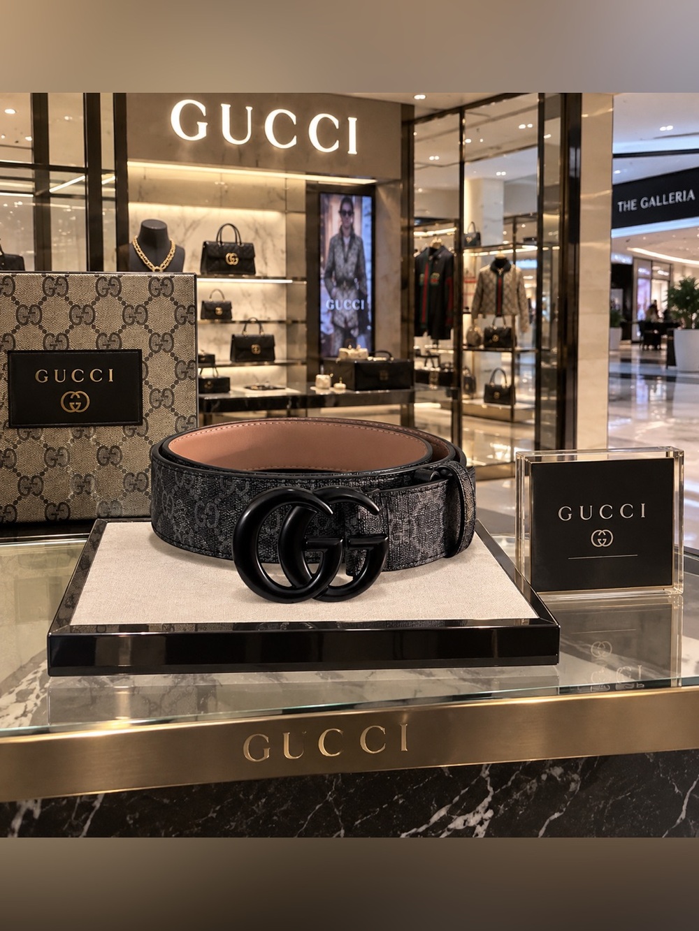Gucci Gray GG Canvas Belt with Black Double G Buckle